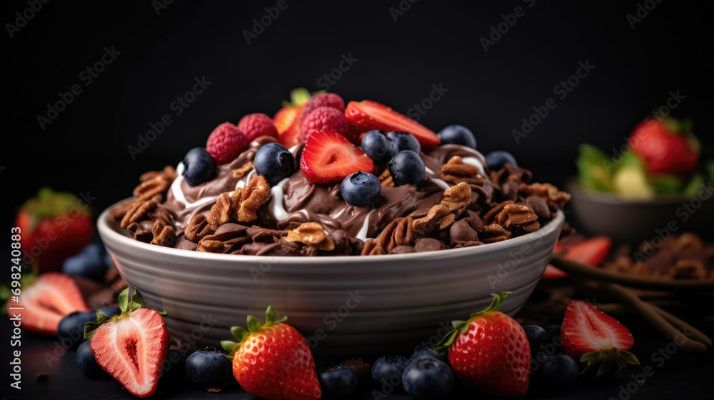 Delicious bowl of cereal topped with fresh strawberries, blueberries, and chocolate. Perfect for healthy and indulgent breakfast option. .