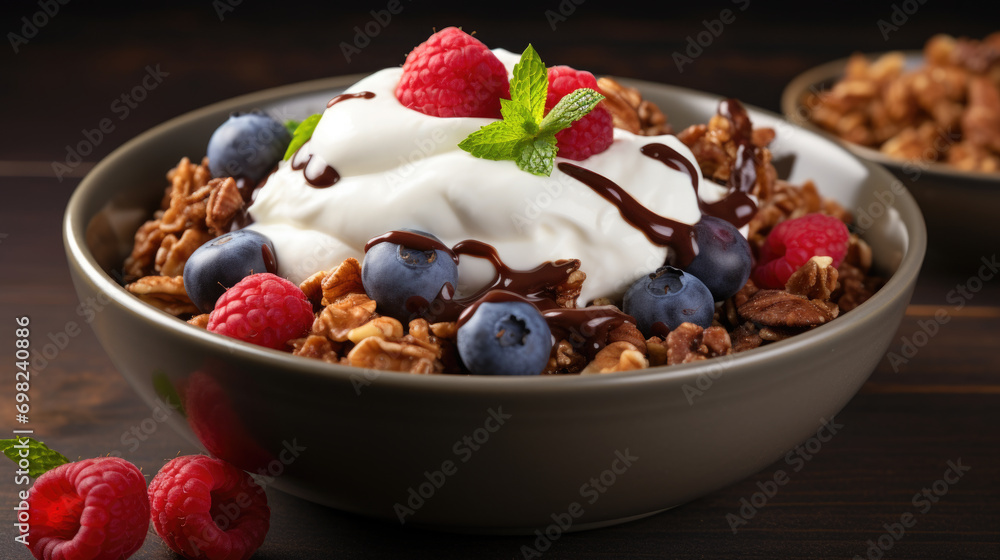 Delicious bowl of granola topped with creamy yogurt and fresh berries. Perfect for healthy and energizing breakfast or snack. Delicious bowl of granola topped with creamy yogurt and fresh berries. Perfect for healthy and energizing breakfast or snack.