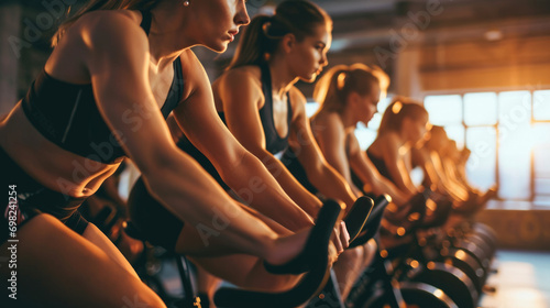 Girls on exercise bikes at the gym.