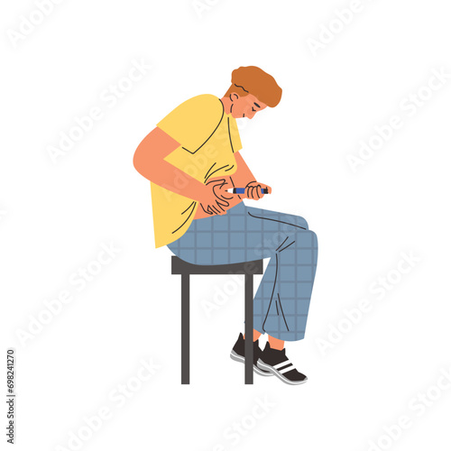 Man with diabetes and insulin dependence injects insulin, flat vector isolated.