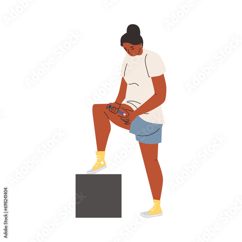 Woman applying injection to the thigh or leg, treatment of diabetes or sclerosis, vector medical drugs self injection