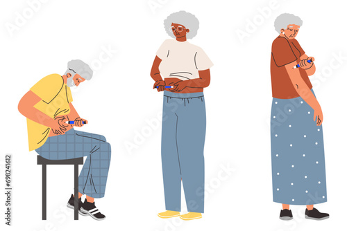 People with diabetes doing self injection, vector illustrations set isolated.