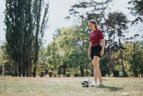 An attractive girl trains outdoors, enjoying a sunny day in the park, performing football freestyle tricks with skill and happiness.