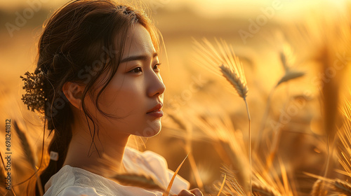 Japanese tender woman in a field of golden wheat