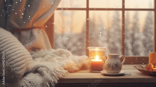 Cup of coffee and lit candle placed on window sill. This image can be used to create cozy and peaceful atmosphere in various settings.