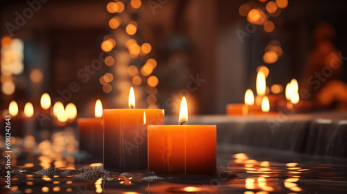 Group of lit candles sitting on top of table. Perfect for creating cozy and warm atmosphere. Ideal for home decor or relaxation-themed projects.