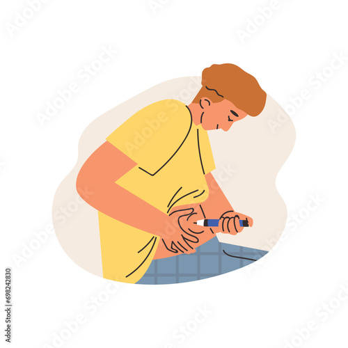 Smiling young man making self injection in stomach flat style