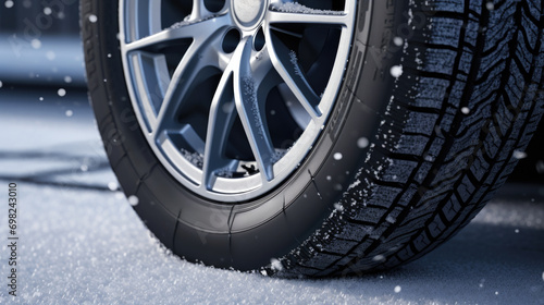 Detailed close-up of tire on snowy road. Perfect for illustrating winter driving conditions.