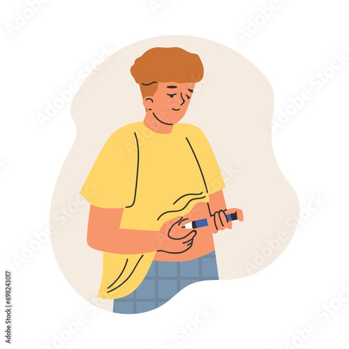 Diabetic boy patient using insulin pen for making an insulin injection to the abdominal area, vector self injection