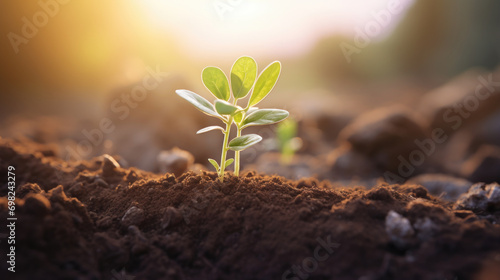 Small plant is seen sprouting out of ground, symbolizing growth and new beginnings. This image can be used to represent concepts such as nature, sustainability, and resilience.