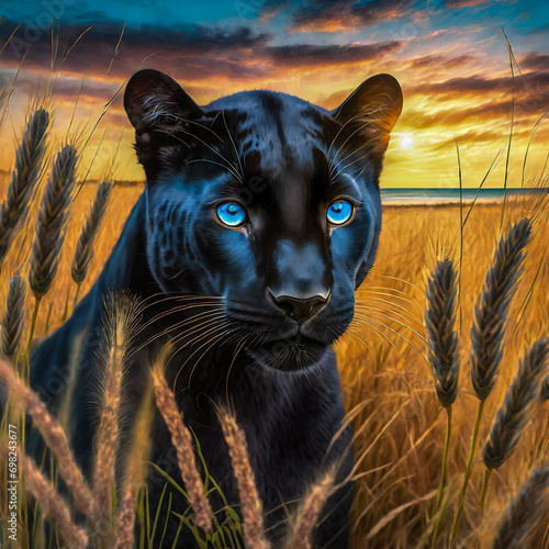A portrait of a black panther with beautiful blue eye looking straight in a golden wheat field.