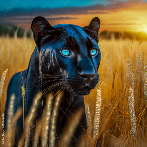 A portrait of a black panther with beautiful blue eye looking straight in a golden wheat field. © Frank