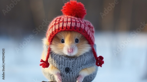 Lovable hamster dressed in cozy knitted hat and sweater. Perfect for winter-themed designs and animal lovers.