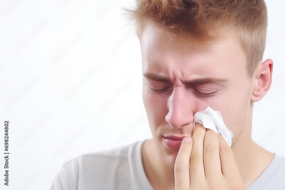 Unhappy sad guy suffering from fever and flu, blowing nose and sneezing in napkin, need treatment of illness Unhappy sad guy suffering from fever and flu, blowing nose and sneezing in napkin, need treatment of illness