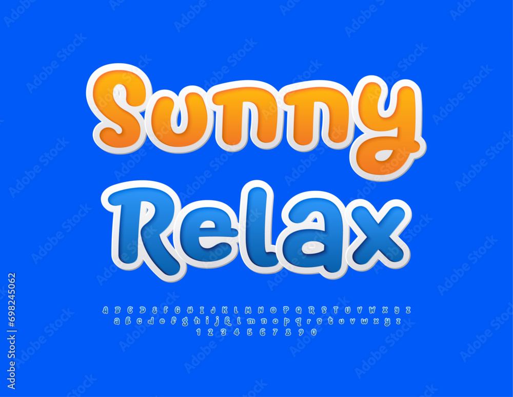 Vector creative Banner Sunny Relax. Funny Blue Font. Bright Handwritten Alphabet Letters, Numbers and Symbols.