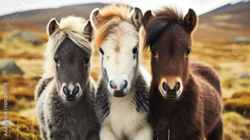 Group of horses standing on top of grass covered field. This image can be used to depict serene countryside scene.