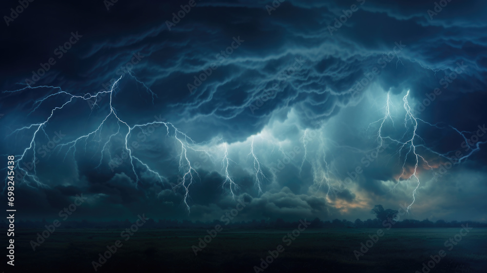 Powerful storm cloud with vibrant lightning strikes. Perfect for illustrating intensity and drama of thunderstorm. - obrazy, fototapety, plakaty 