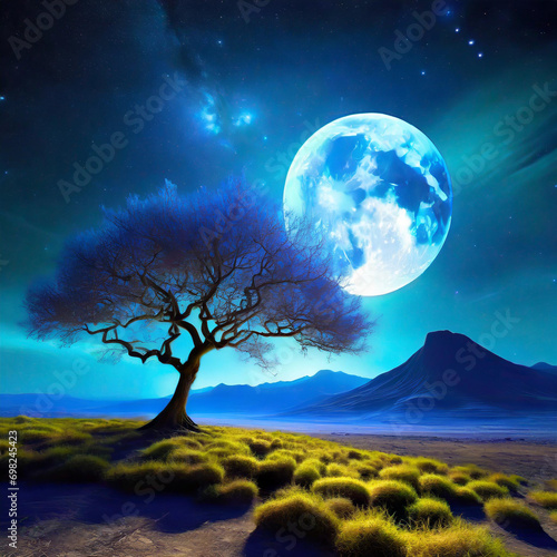 An solitary landscape with a river and mountains with a low moody full moon with blue moonlight.