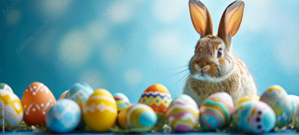 Easter banner with colorful eggs and a little bunny rabbit on a blue background Easter banner with colorful eggs and a little bunny rabbit on a blue background