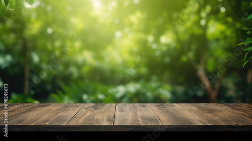 Simple wooden table with vibrant green background. Perfect for adding touch of nature to any design or project.