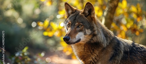 Rescued Iberian wolf living semi-freely in Wolf Centre, Zamora, Spain. photo