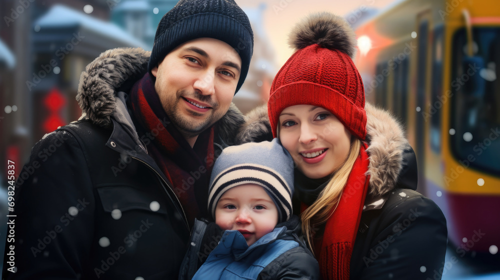 Heartwarming image of man and woman holding their baby in front of train. Perfect for illustrating joy of parenthood and excitement of travel. .