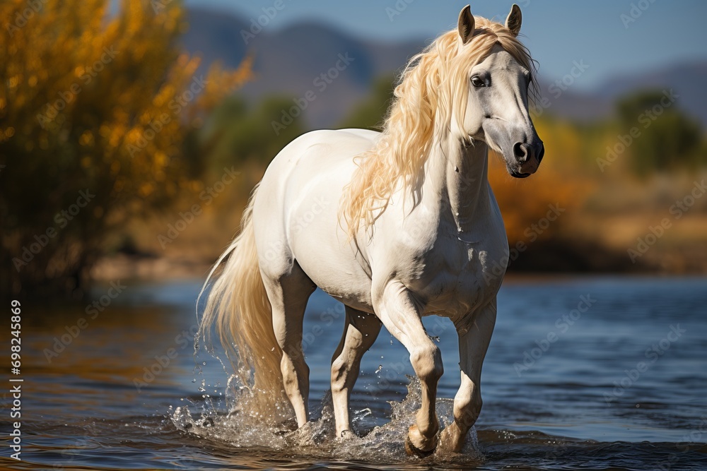 White horse elegantly walking on the water against the backdrop of an autumn landscape with mountains Concept: horse breeding White horse elegantly walking on the water against the backdrop of an autumn landscape with mountains Concept: horse breeding