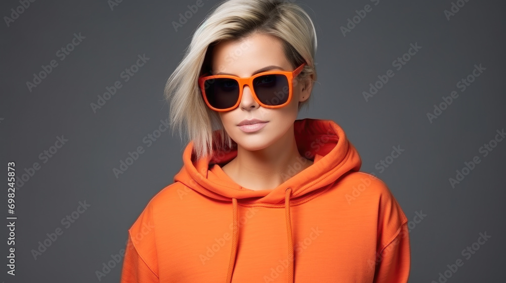 Woman wearing orange hoodie and sunglasses. Woman wearing orange hoodie and sunglasses.