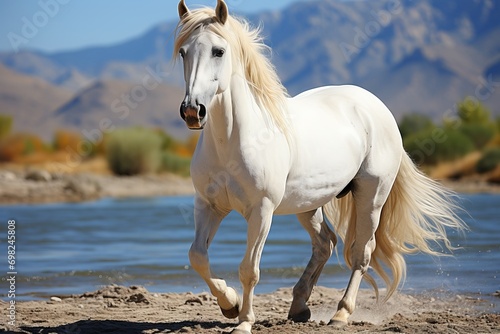 White horse elegantly walking on the water against the backdrop of an autumn landscape with mountains Concept  horse breeding