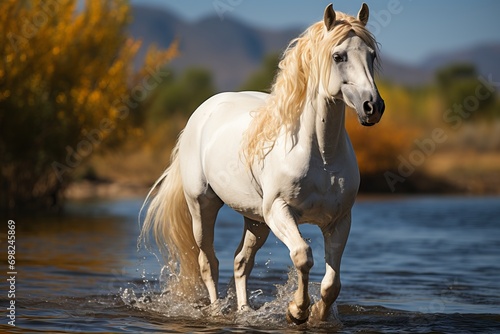 White horse elegantly walking on the water against the backdrop of an autumn landscape with mountains Concept: horse breeding