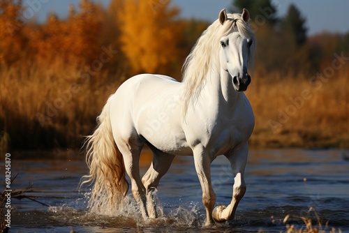 White horse elegantly walking on the water against the backdrop of an autumn landscape with mountains Concept  horse breeding