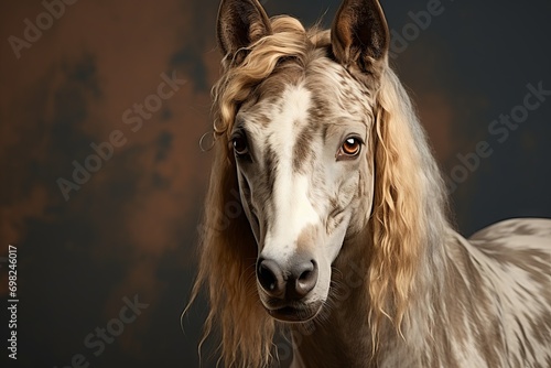 Portrait of a red horse with a soft look on a dark brown background. Concept: advertising of stables and articles about horse breeding.