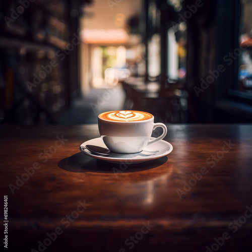 Cup of coffee on a wooden table, coffee shop in the background. Design for advertising with place for text