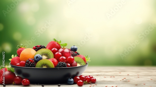 Bowl filled with variety of fresh and colorful fruits. This image can be used to promote healthy eating  showcase delicious fruit salad  or add vibrant touch to any food-related project.