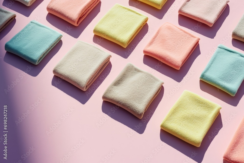 Pastel-colored towels neatly folded on a pink surface, creating a soft, textured pattern with light and shadow