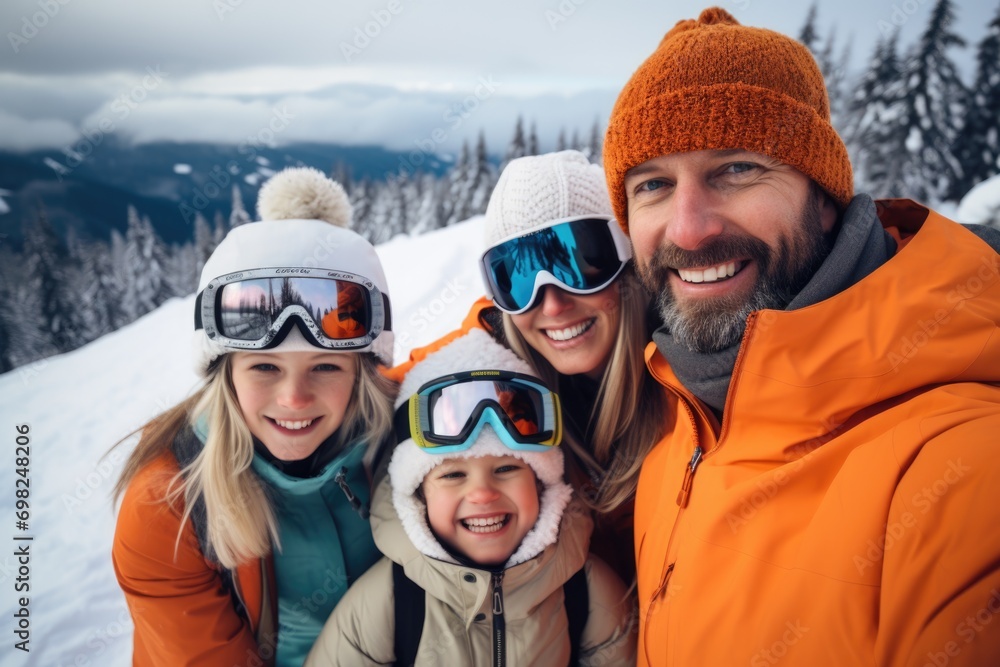Portrait of a young family of skiers at ski resort Portrait of a young family of skiers at ski resort