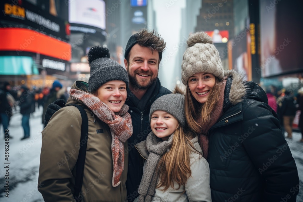 Portrait of a young family in the city during winter Portrait of a young family in the city during winter
