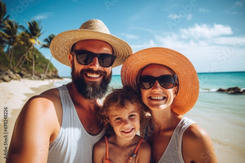 Happy family taking selfie at the beach