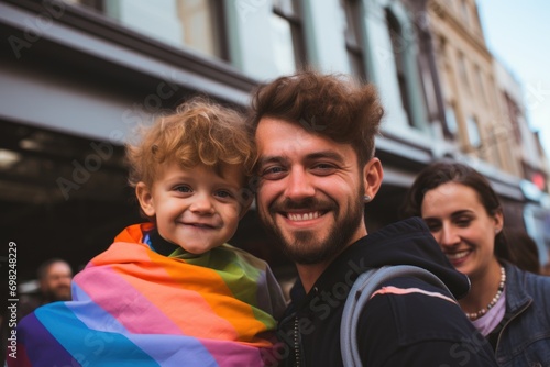 Smiling portrait of a father with child at gay pride parade © Vorda Berge