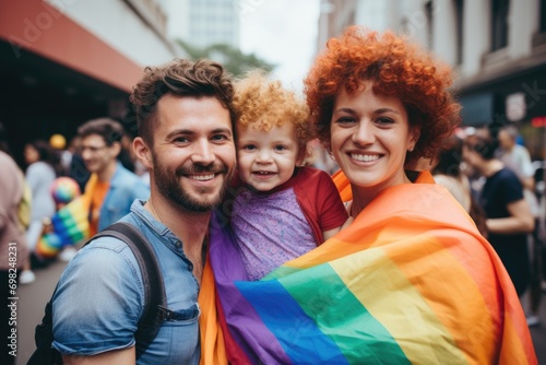 Portrait of a young gay couple with kid at pride parade