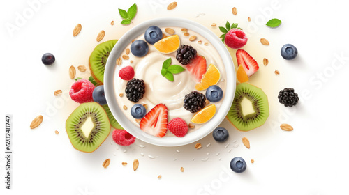 Delicious bowl of yogurt topped with fresh fruit and crunchy nuts. Perfect for healthy breakfast or snack. photo