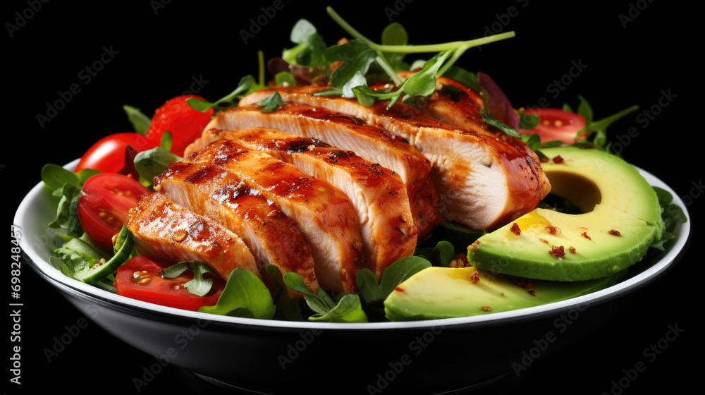 Delicious salad with chicken, tomatoes, avocado, and lettuce. Perfect for healthy meal or refreshing lunch option.