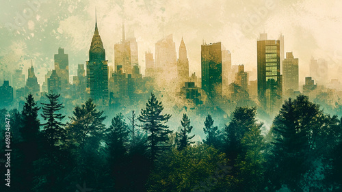 double exposure effect, combining a cityscape and a forest landscape. interaction between the modern world and nature. Generative AI