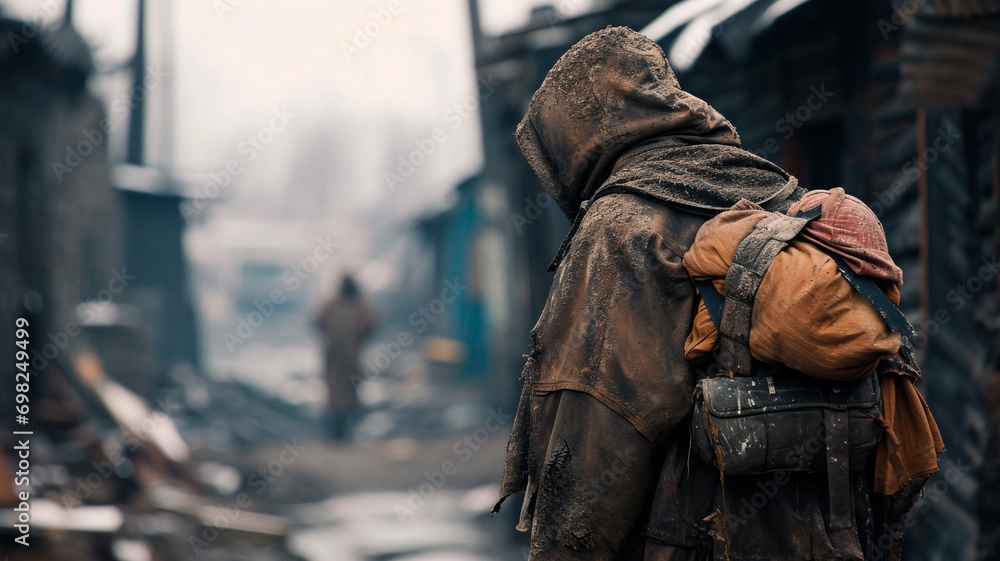 His clothes were stained with ashes and soot, and on his back lay a bundle of belongings. A post-apocalyptic shot . Generative AI