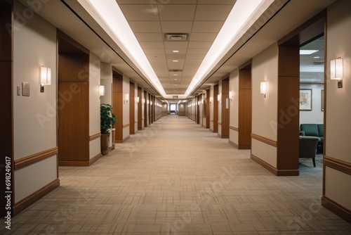 Modern corporate building hallway with glass walls and LED lighting photo