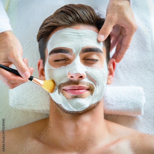 Man receiving a Facial Clay Mask in Wellness Resort or Spa - Relaxation and Skin Care done by Beautician photo