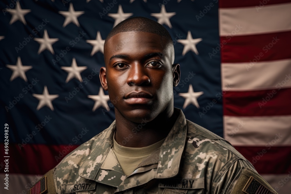 Portrait of a young soldier with USA flag in the background - obrazy, fototapety, plakaty 