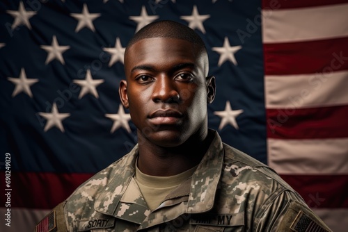 Portrait of a young soldier with USA flag in the background photo