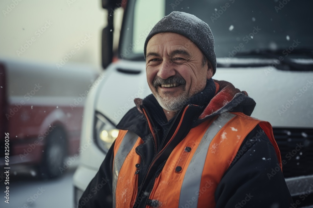 Portrait of a middle aged truck driver during winter Portrait of a middle aged truck driver during winter