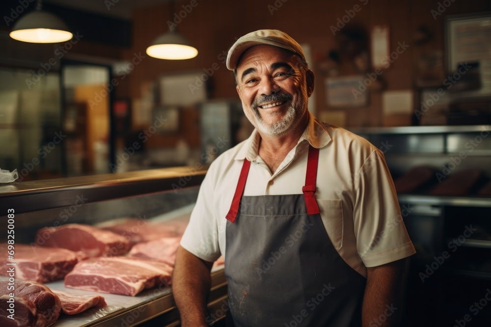 Portrait of a middle aged butcher in meat shop Portrait of a middle aged butcher in meat shop